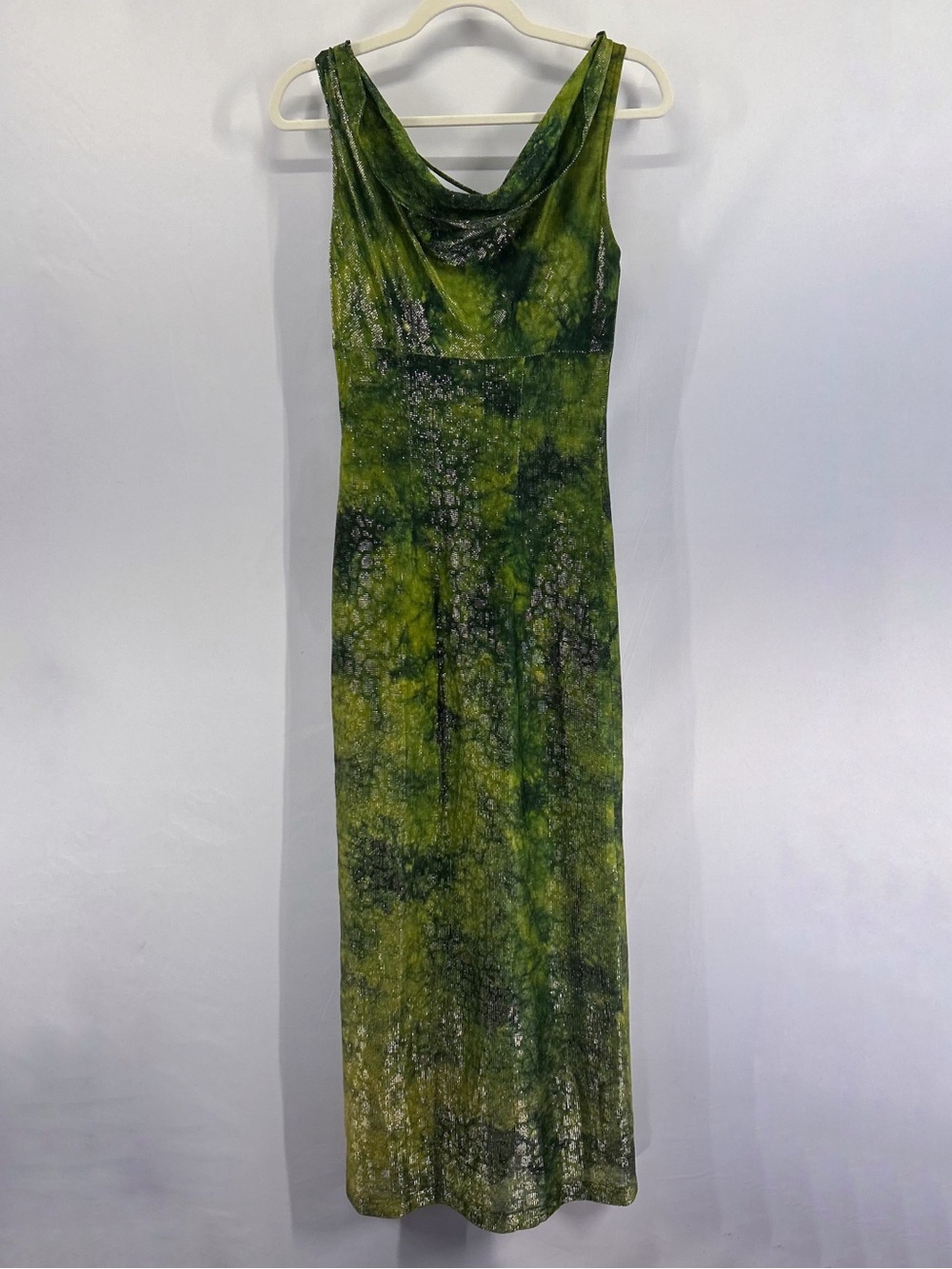 Y2K Green Metallic Tie Dye Maxi Dress Cowl Neck Small